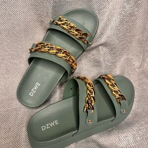 Olive Sandals with Gold Chain Accent